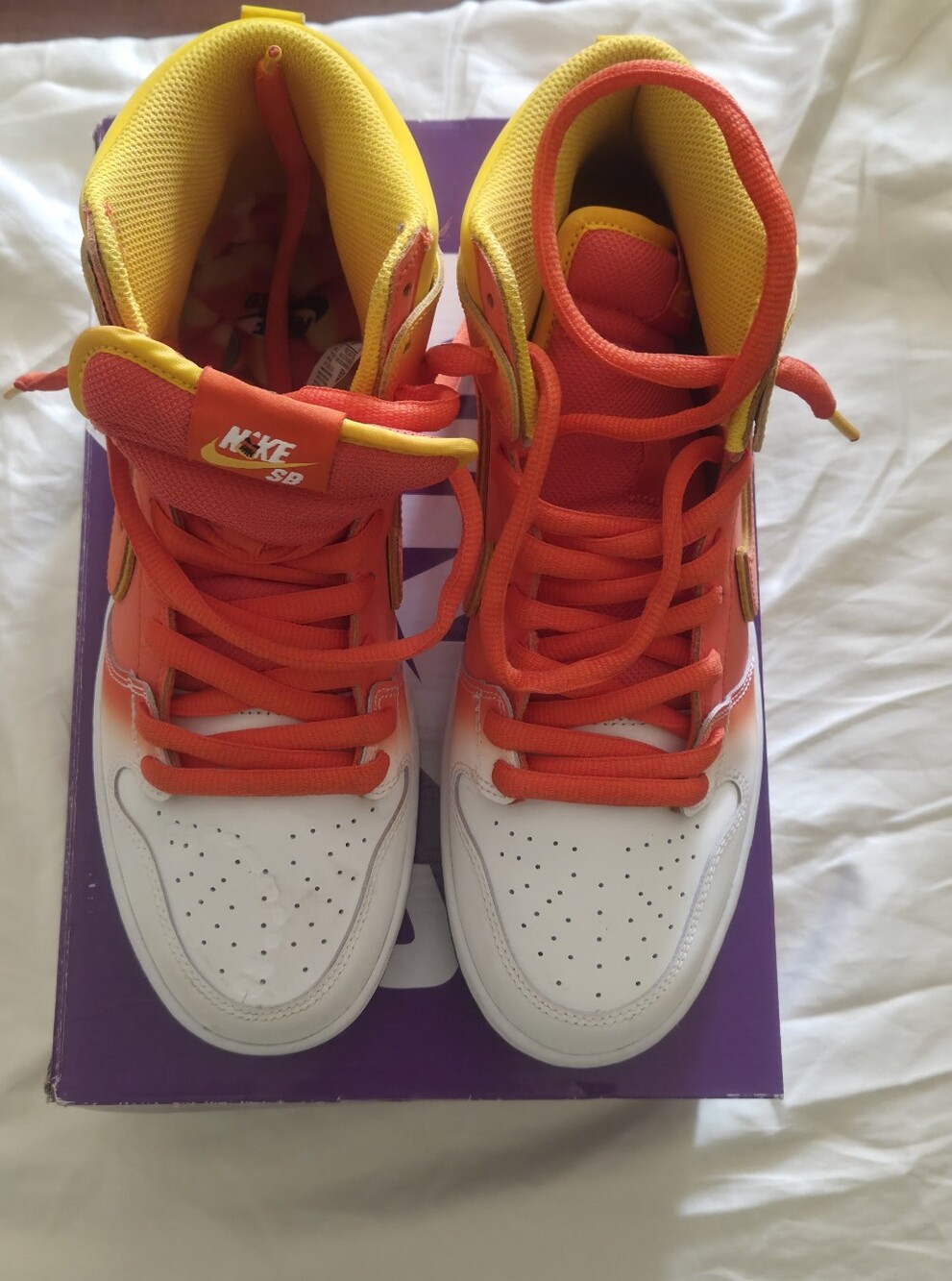 Nike High-Top Sneakers in White, Orange & Yellow.  Worn once.   10 Wom 8.5 Mens